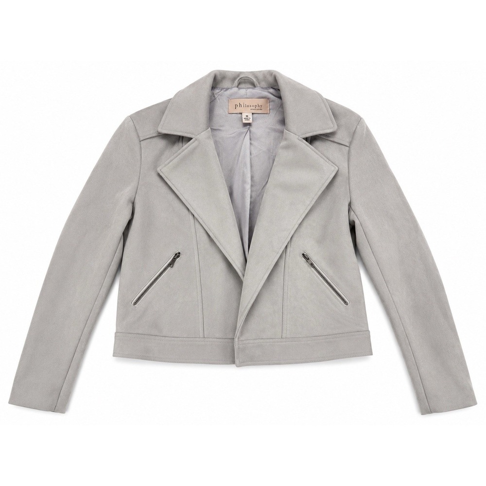 Philosophy Republic Jacket Womens M Gray Faux Suede Moto Open Front Minimalist